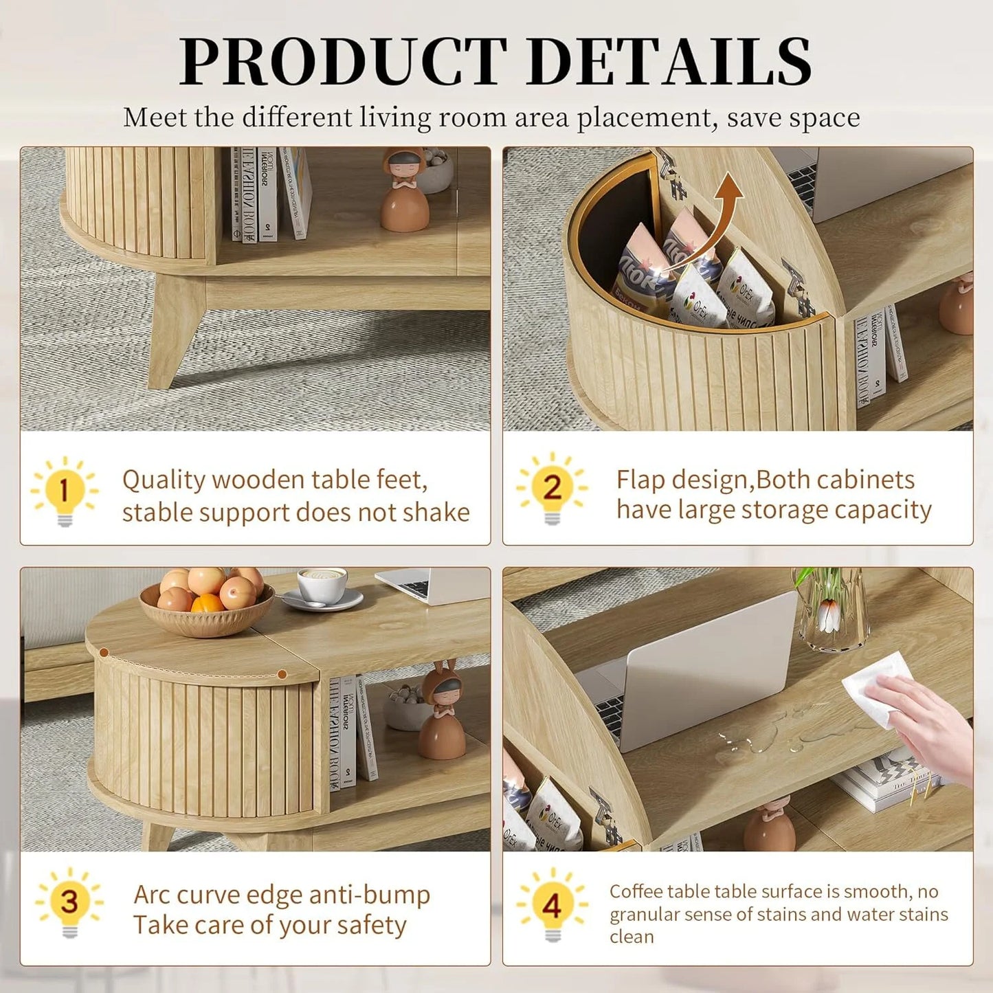 Fluted Coffee Table with Storage, Modern Coffee Tables, Wood Accent Center Table