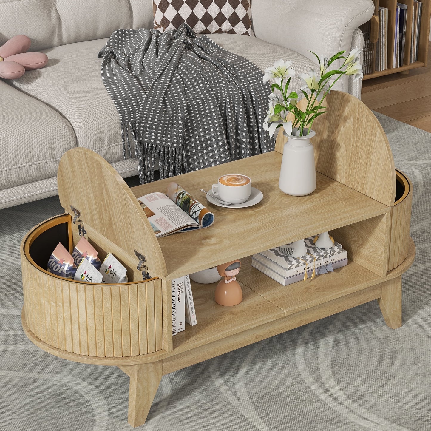 Fluted Coffee Table with Storage, Modern Coffee Tables, Wood Accent Center Table