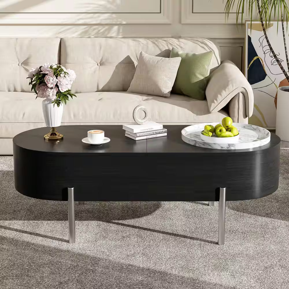 47.2 In. Black Oval MDF Coffee Table with Lift Top, 360° Marble-Patterned Rotating Tray and 3-Drawers