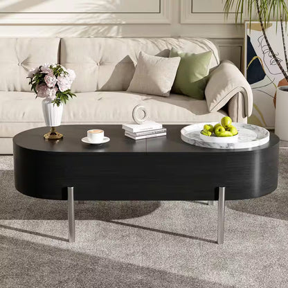 47.2 In. Black Oval MDF Coffee Table with Lift Top, 360° Marble-Patterned Rotating Tray and 3-Drawers