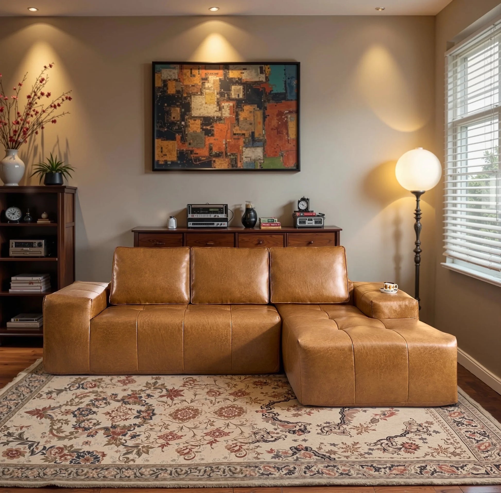 114" Modular Sectional Sofa L-Shaped Faux Leather Couch with Chaise Extra Deep Seat Cloud Sofa for Living Room No Assembly Brown