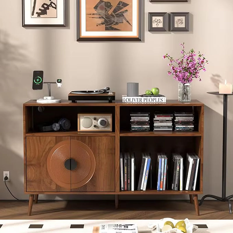 Large Record Player Stand,Mid Century Turntable Stand with Door, Record Player Table Holds up to 350 Albums,Vinyl Display Shelf