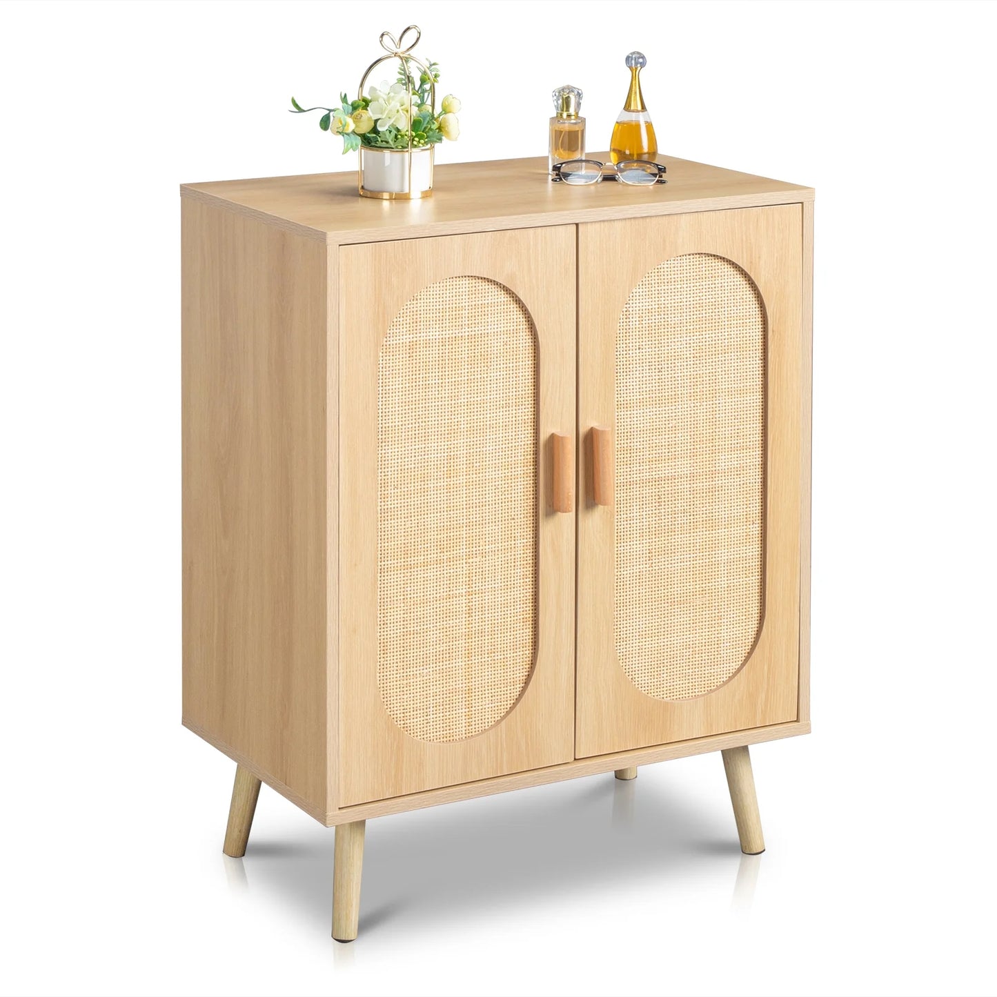 4 Tiers Shoe Storage Cabinet for Hallway, 2-Door 16 Pairs Rattan Shoe Rack Organizer W/ Adjustable Shelves, Natural