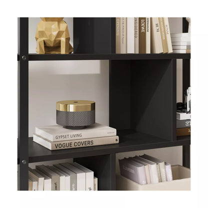 5 Tier Rattan Bookshelf with Storage Cabinet & Door, 71.1 Inch Tall Industrial Book Shelf,5 Shelf Bookcase with Metal Frame