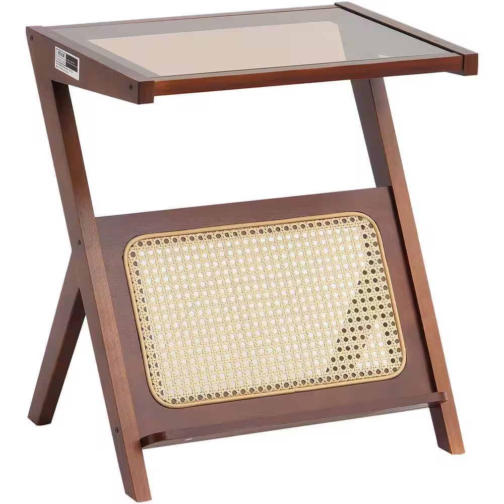 Rattan Coffee Table, Z-Shaped Rattan Woven Bamboo Coffee Table with Tempered Glass Top, 20 In. Storage Coffee Table