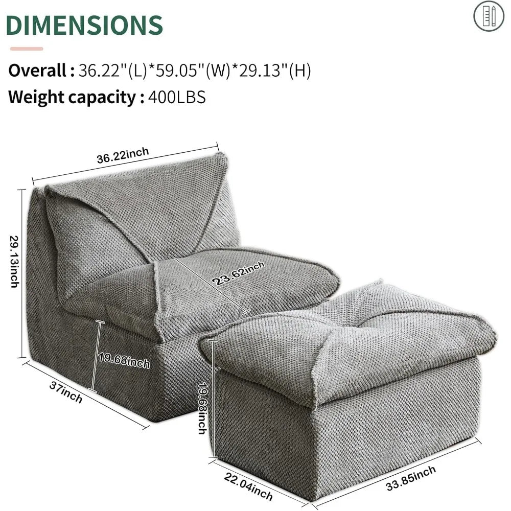 Oversized Bean Bag Sofa Chair with Ottoman for Adults and Teens, Lazy Sofa Chair with Back Support and New Foam Filled for Livin