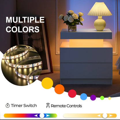 LED Nightstand with 2 Drawers Modern LED Night Stand with LED Lights Night Stands for Living Room,Bedroom