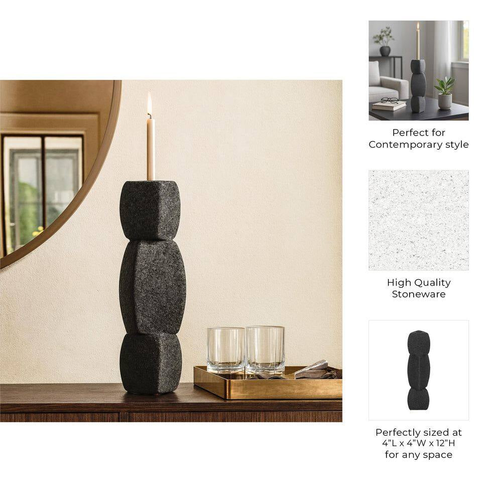 Black 12 In. Stoneware Stacked Taper Candle Holder with Sand Glaze