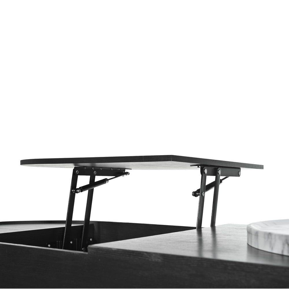 47.2 In. Black Oval MDF Coffee Table with Lift Top, 360° Marble-Patterned Rotating Tray and 3-Drawers