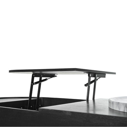 47.2 In. Black Oval MDF Coffee Table with Lift Top, 360° Marble-Patterned Rotating Tray and 3-Drawers