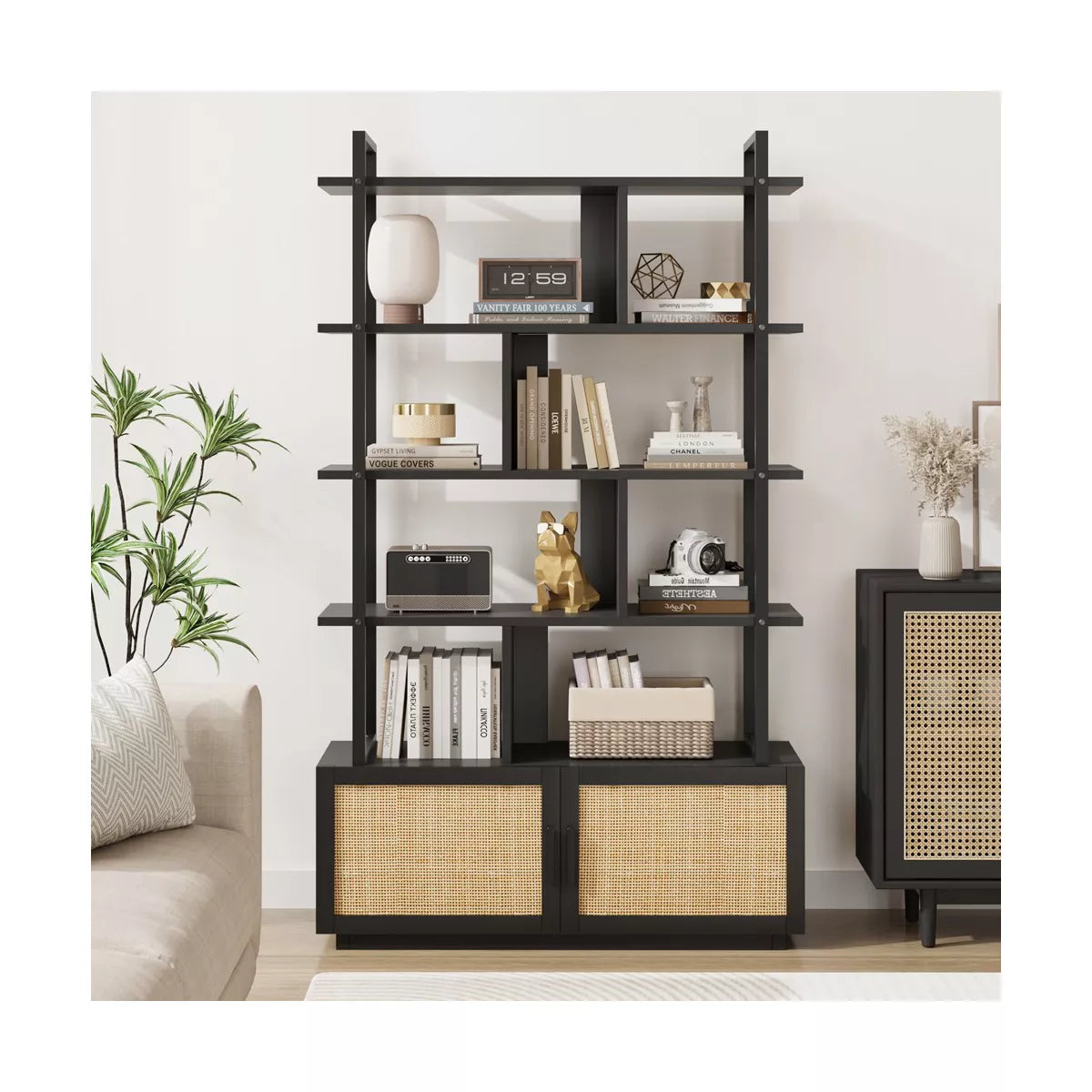 5 Tier Rattan Bookshelf with Storage Cabinet & Door, 71.1 Inch Tall Industrial Book Shelf,5 Shelf Bookcase with Metal Frame