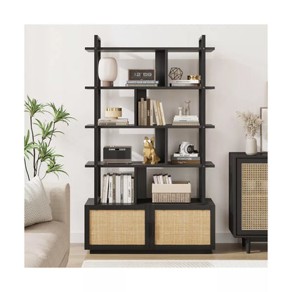 5 Tier Rattan Bookshelf with Storage Cabinet & Door, 71.1 Inch Tall Industrial Book Shelf,5 Shelf Bookcase with Metal Frame
