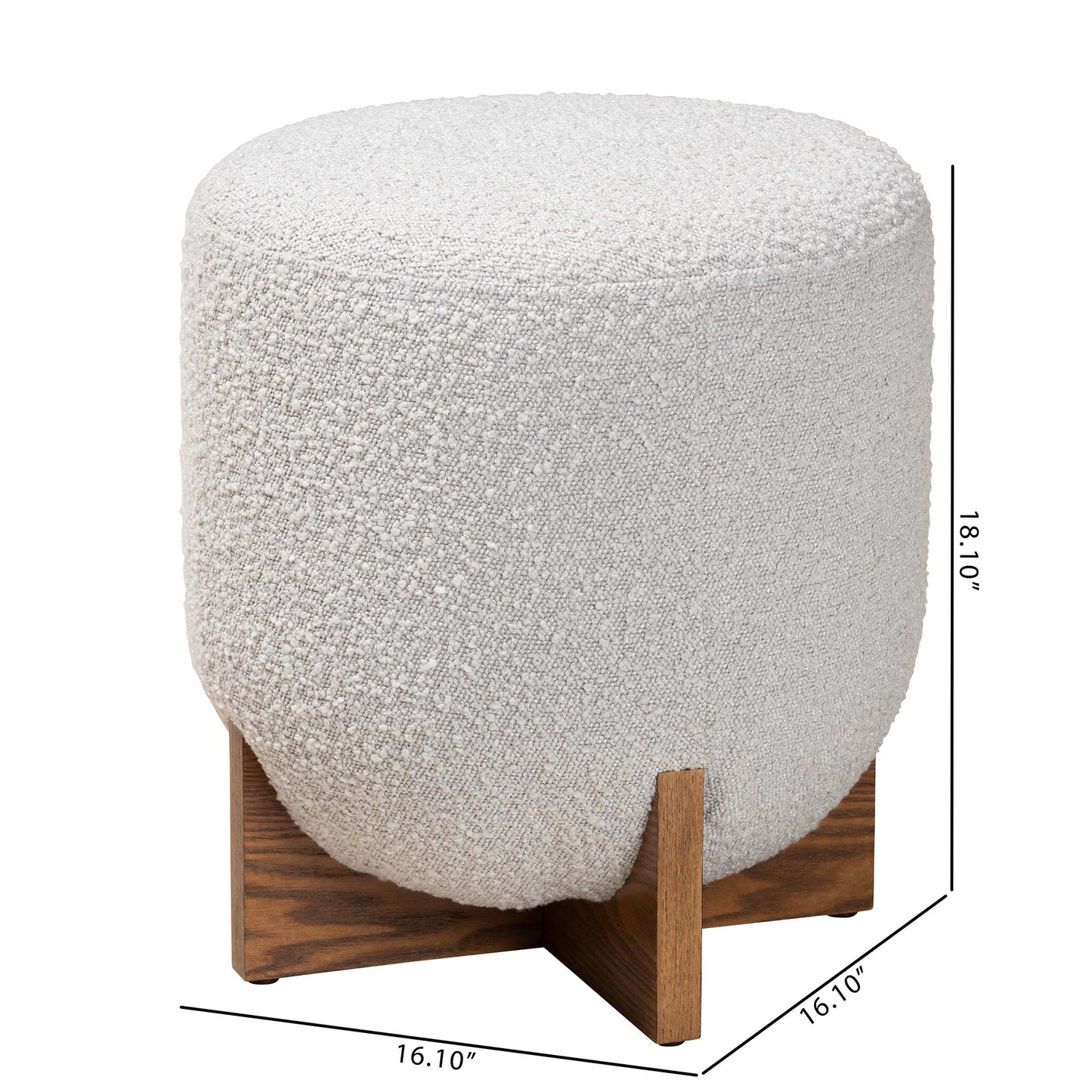 Fisk Japandi Light Grey Boucle Fabric and Walnut Brown Finished Wood Ottoman Footstool