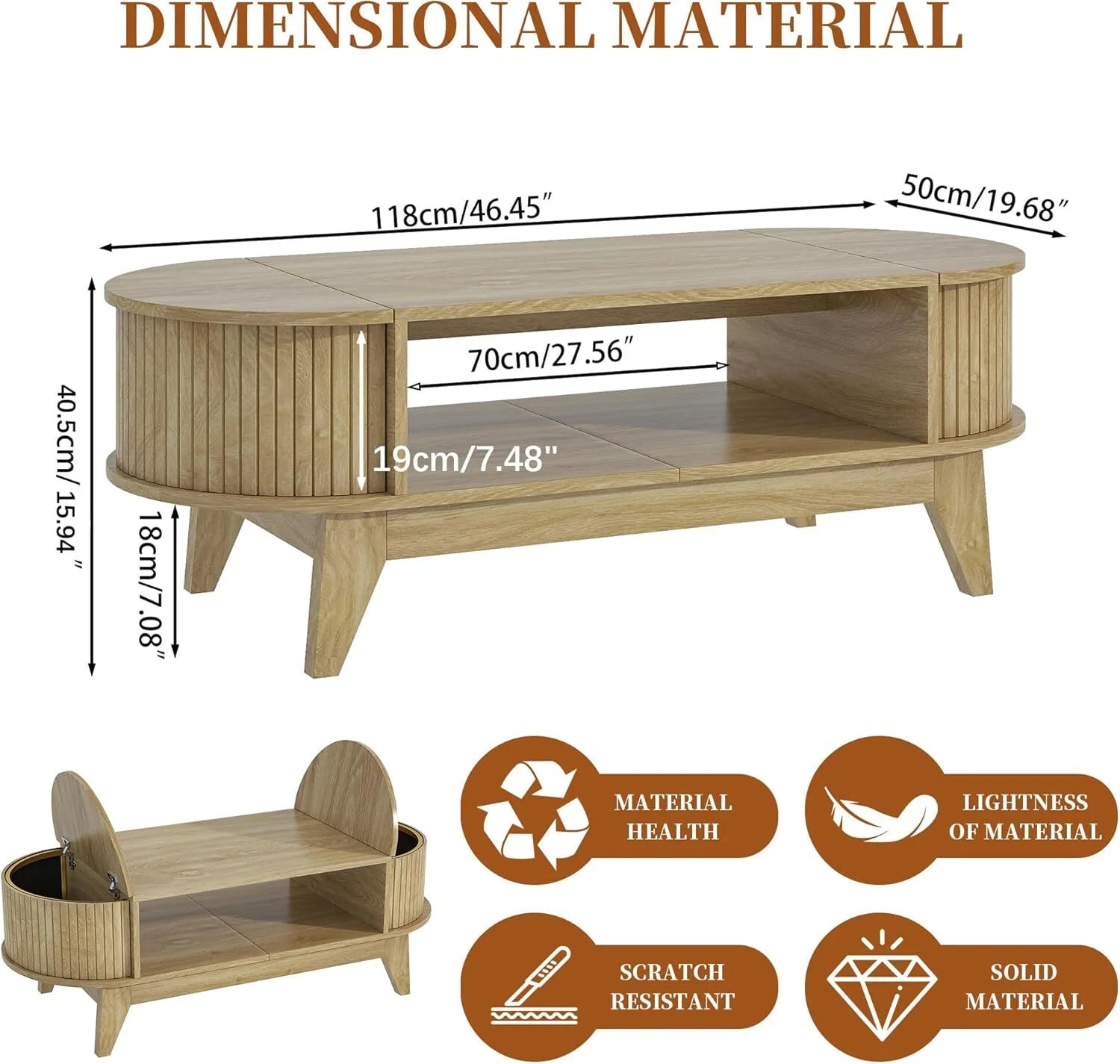 Fluted Coffee Table with Storage, Modern Coffee Tables, Wood Accent Center Table