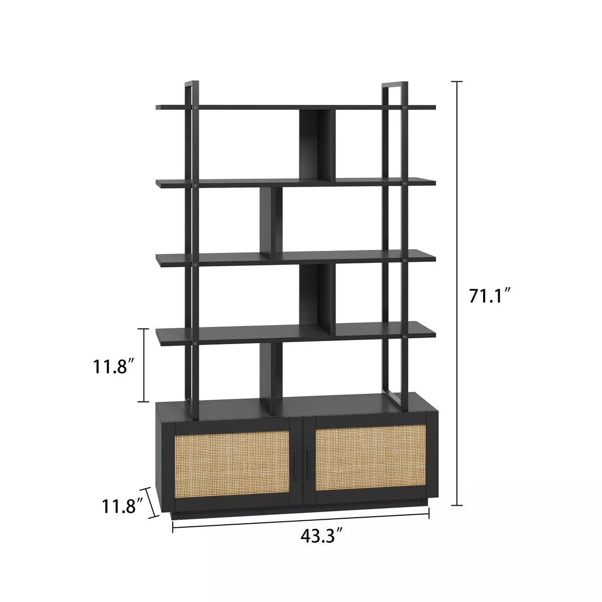 5 Tier Rattan Bookshelf with Storage Cabinet & Door, 71.1 Inch Tall Industrial Book Shelf,5 Shelf Bookcase with Metal Frame