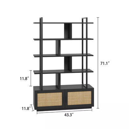 5 Tier Rattan Bookshelf with Storage Cabinet & Door, 71.1 Inch Tall Industrial Book Shelf,5 Shelf Bookcase with Metal Frame