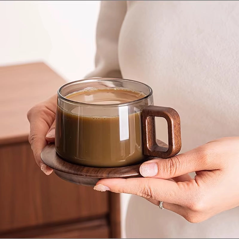 European Style Glass Coffee Cup Saucer Transparent Glass Mug Exquisite Afternoon Camellia Tea Coffee Mug Home Breakfast Milk Cup