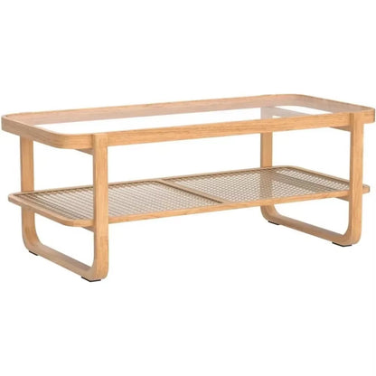 Wood Coffee Table for Living Room,Glass Top Coffee Table with Imitation Rattan Storage Shelf