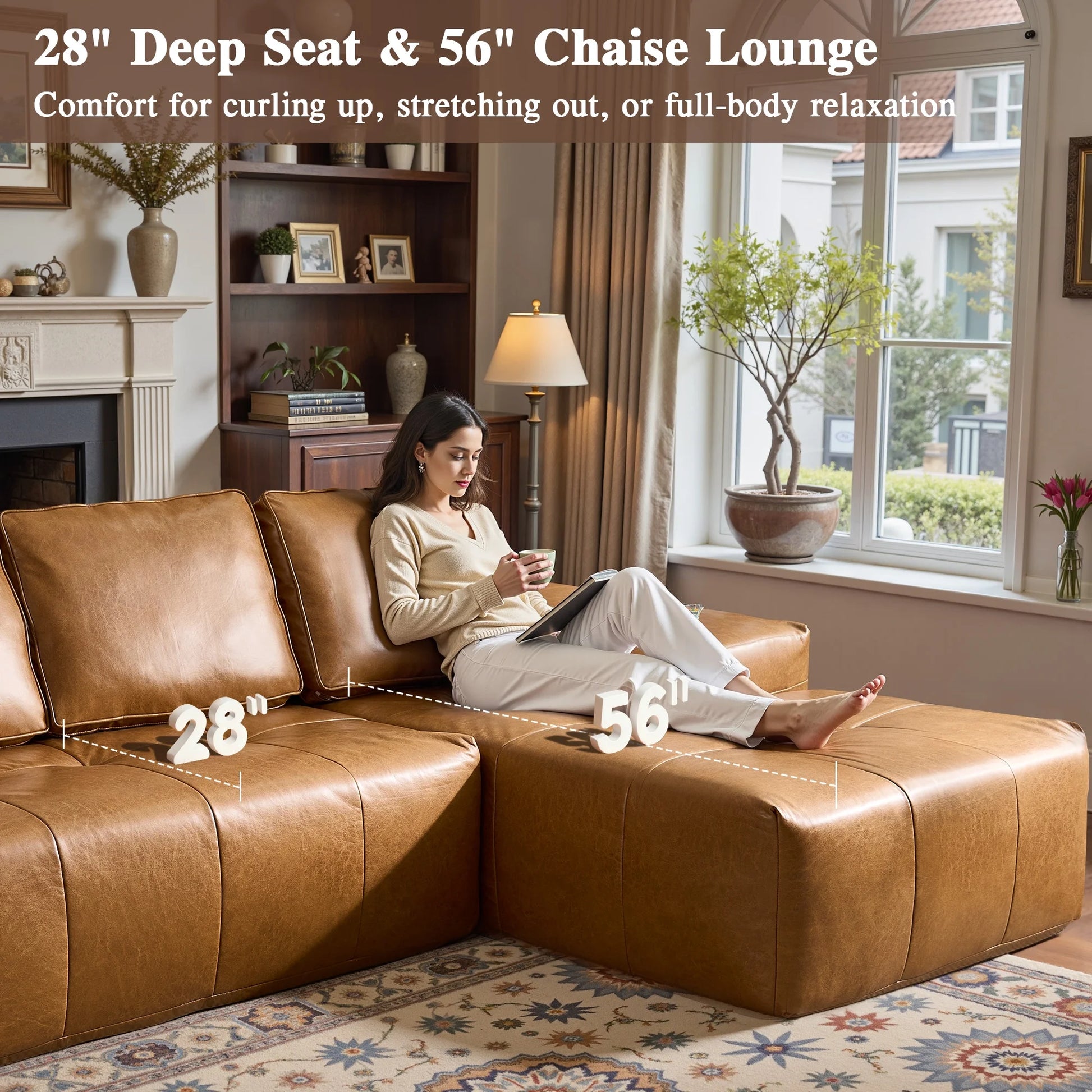 114" Modular Sectional Sofa L-Shaped Faux Leather Couch with Chaise Extra Deep Seat Cloud Sofa for Living Room No Assembly Brown