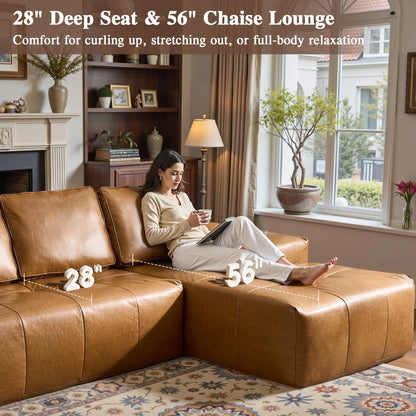 114" Modular Sectional Sofa L-Shaped Faux Leather Couch with Chaise Extra Deep Seat Cloud Sofa for Living Room No Assembly Brown