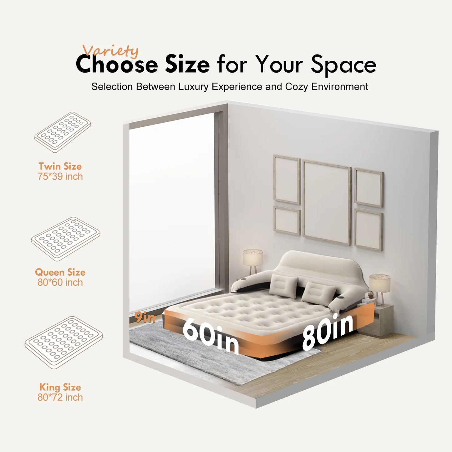 Queen Size 9" Air Mattress with Headboard, Air Couch Sofa Bed