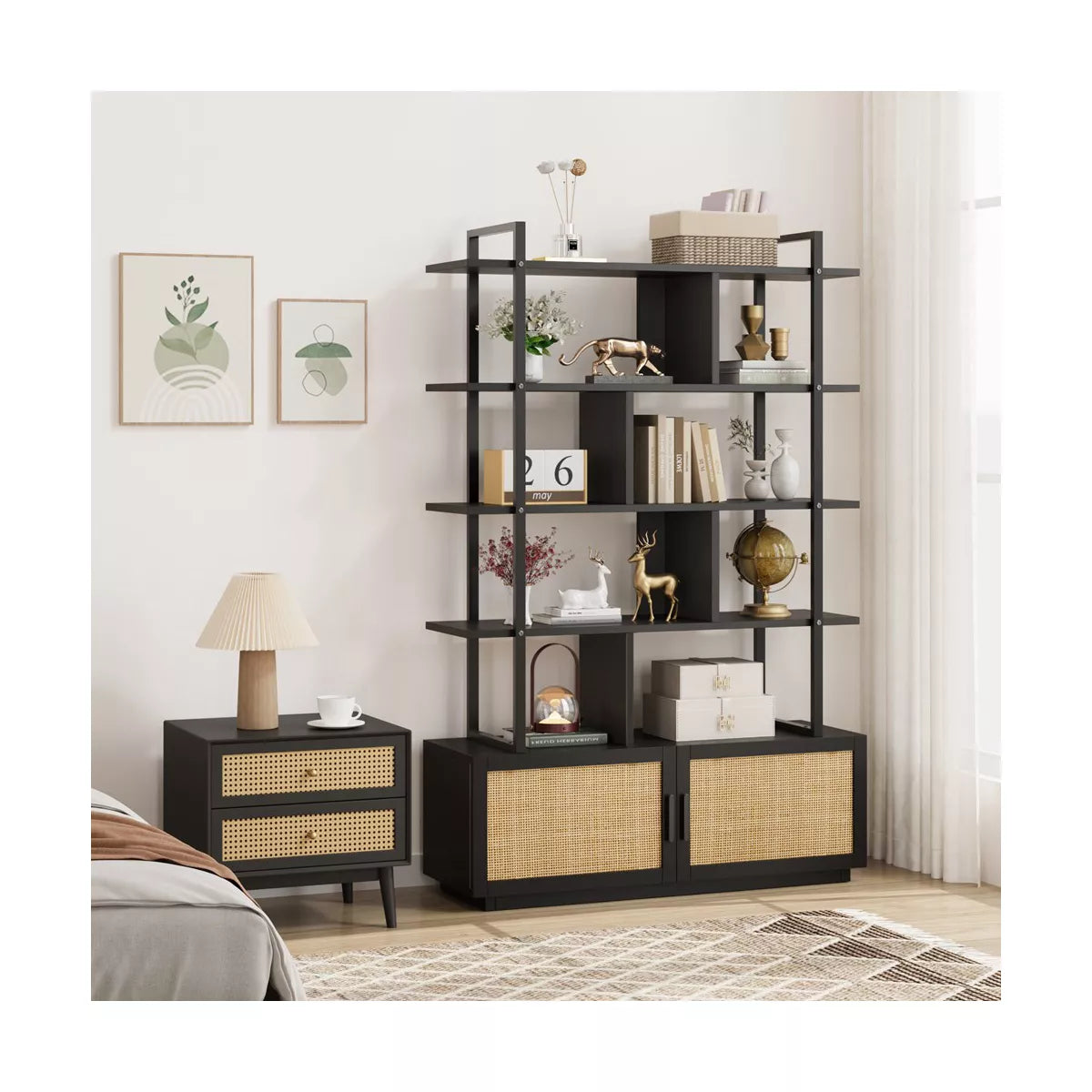 5 Tier Rattan Bookshelf with Storage Cabinet & Door, 71.1 Inch Tall Industrial Book Shelf,5 Shelf Bookcase with Metal Frame