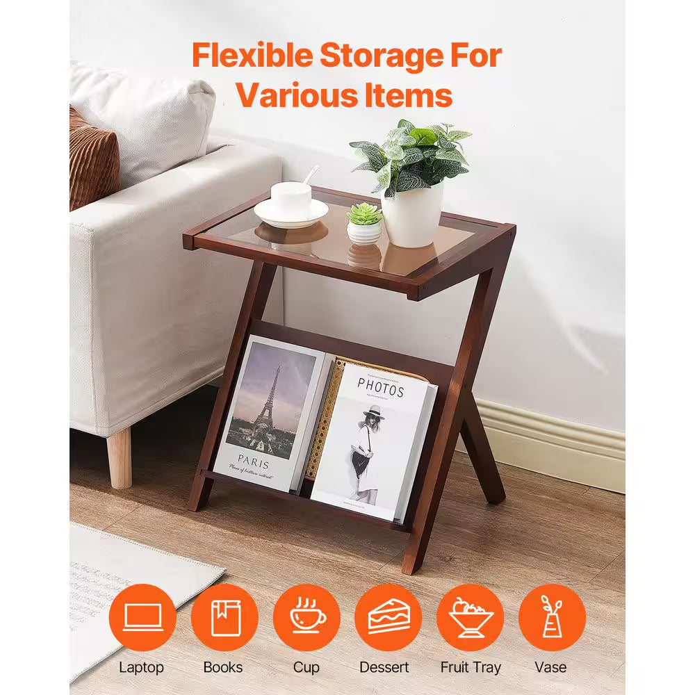 Rattan Coffee Table, Z-Shaped Rattan Woven Bamboo Coffee Table with Tempered Glass Top, 20 In. Storage Coffee Table