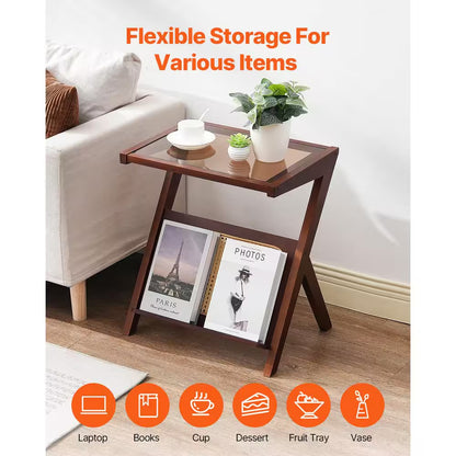 Rattan Coffee Table, Z-Shaped Rattan Woven Bamboo Coffee Table with Tempered Glass Top, 20 In. Storage Coffee Table