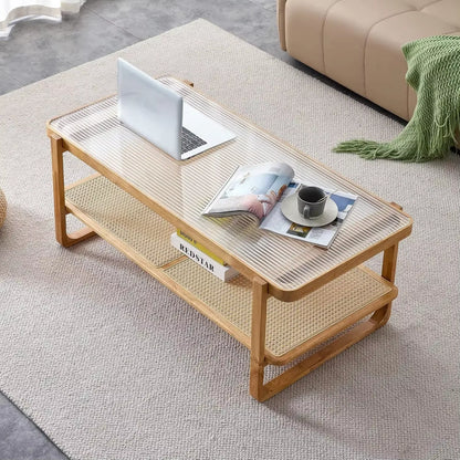 Wood Coffee Table for Living Room,Glass Top Coffee Table with Imitation Rattan Storage Shelf