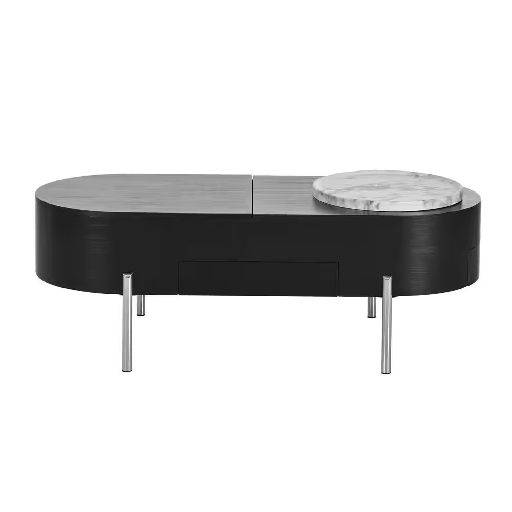 47.2 In. Black Oval MDF Coffee Table with Lift Top, 360° Marble-Patterned Rotating Tray and 3-Drawers