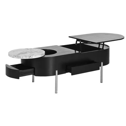 47.2 In. Black Oval MDF Coffee Table with Lift Top, 360° Marble-Patterned Rotating Tray and 3-Drawers