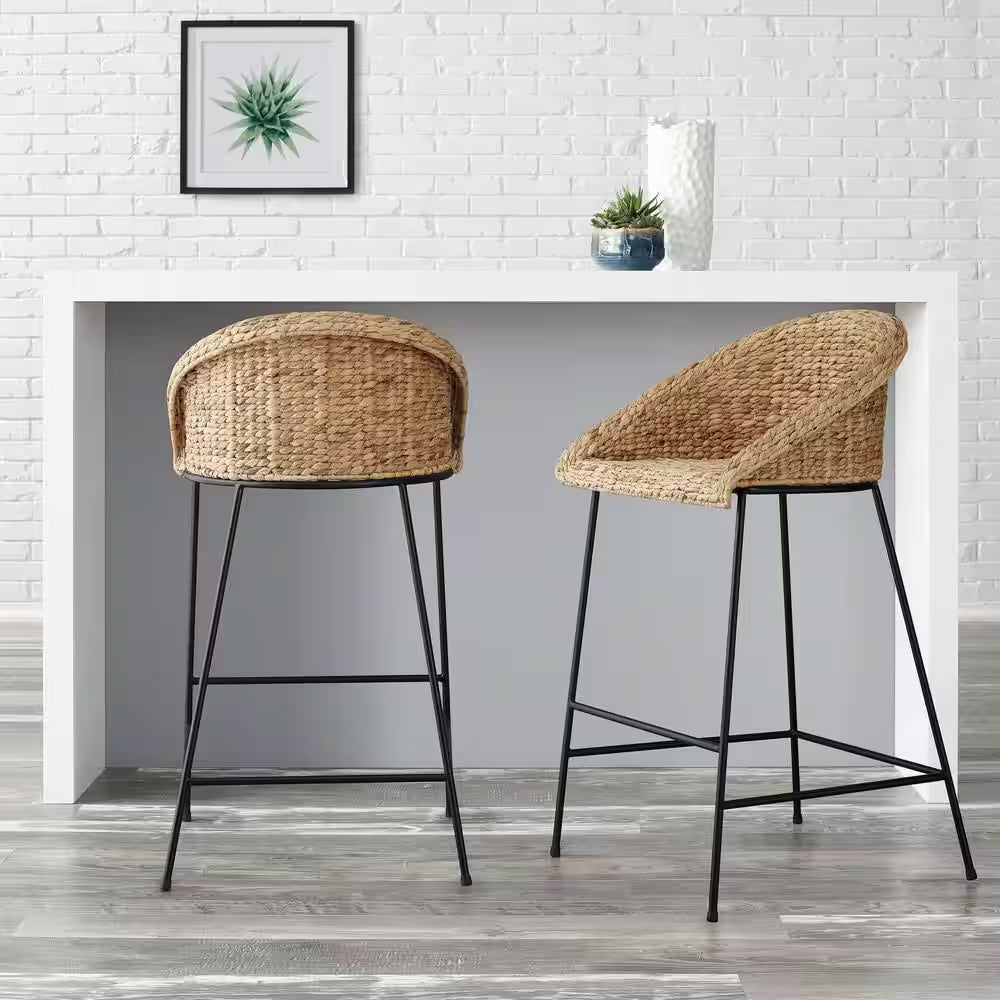 28 In. Natural Woven Hyacinth Bar Stool with Low Back