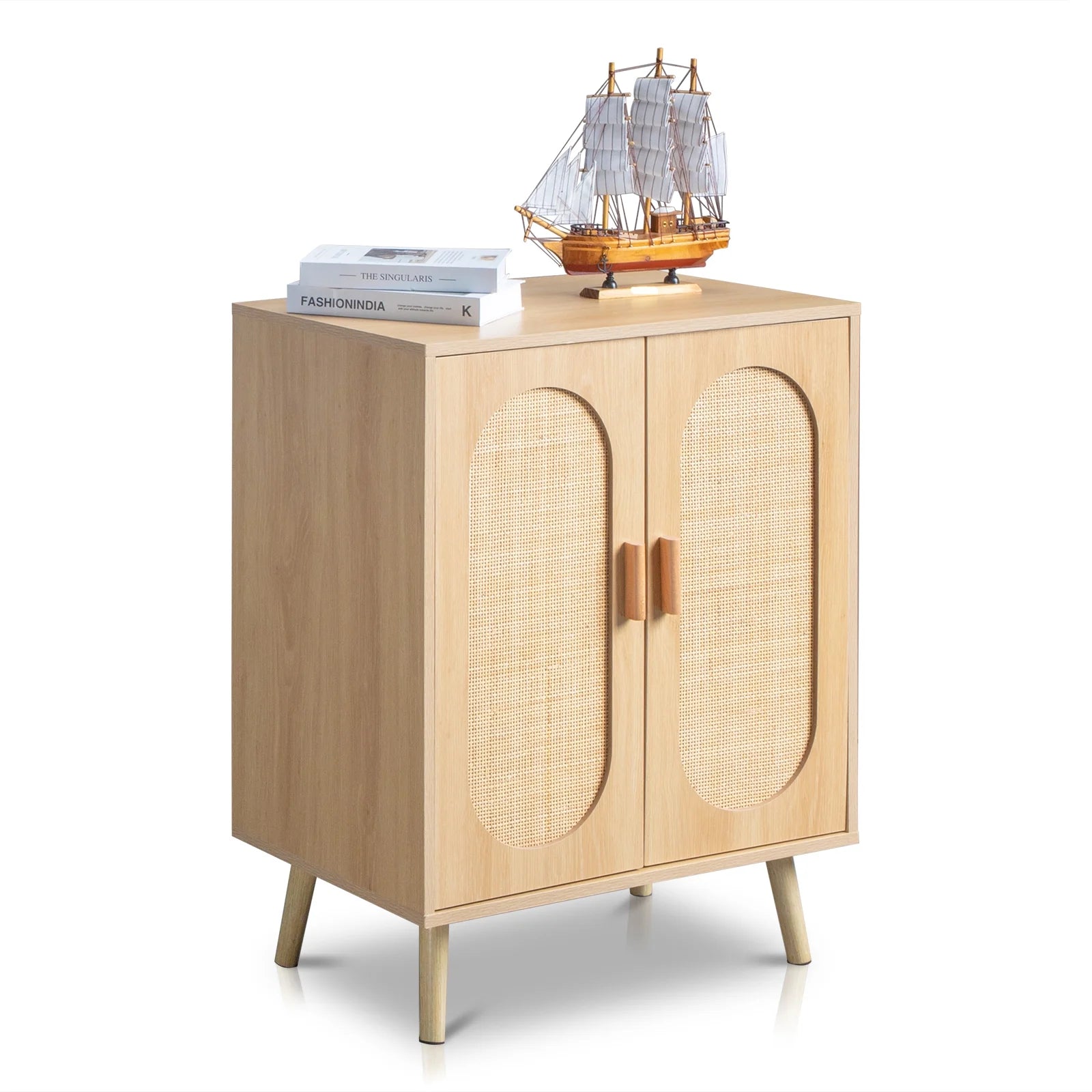 4 Tiers Shoe Storage Cabinet for Hallway, 2-Door 16 Pairs Rattan Shoe Rack Organizer W/ Adjustable Shelves, Natural